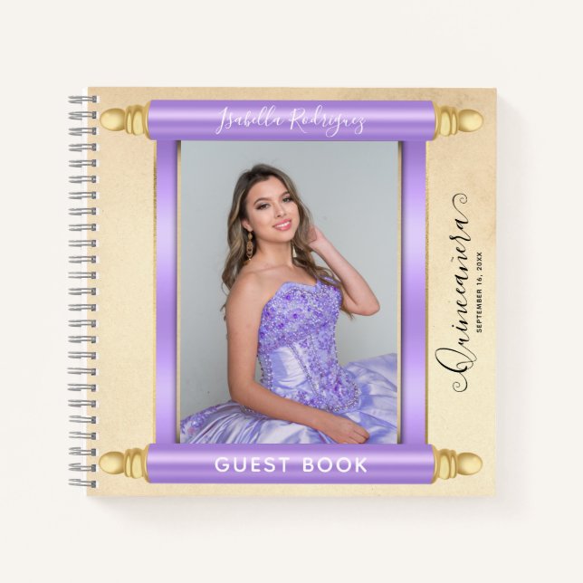 Lilac Scroll Photo Budget Quinceañera Guest Book (Front)