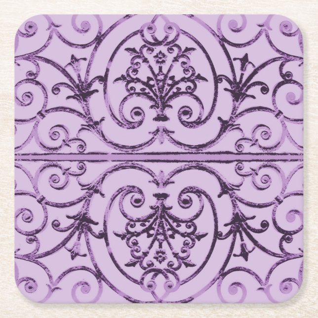 Lilac scrollwork pattern square paper coaster (Front)