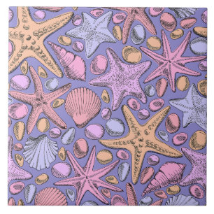 Lilac Seashell & Star Bathroom Art Tile