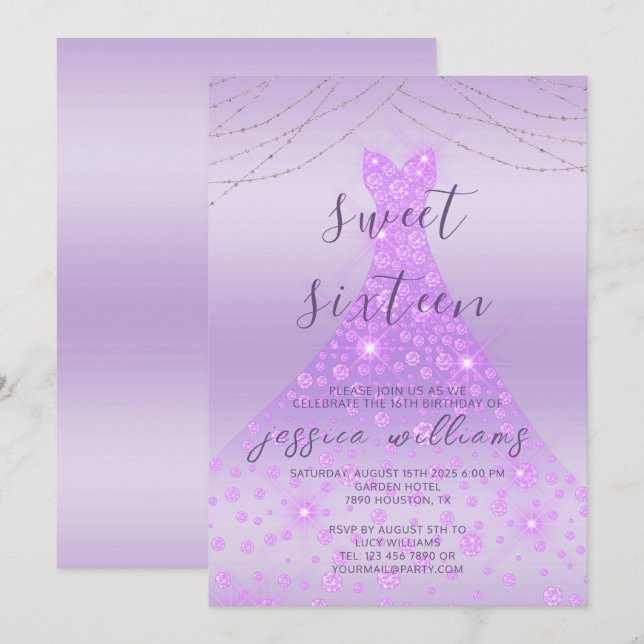 Lilac Sequin Ball Gown & Lights Sweet 16 Birthday Invitation (Front/Back)