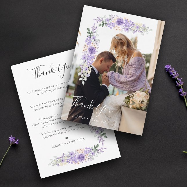 Lilac Shades Flowers & Branches Photo Wedding Thank You Card (Creator Uploaded)