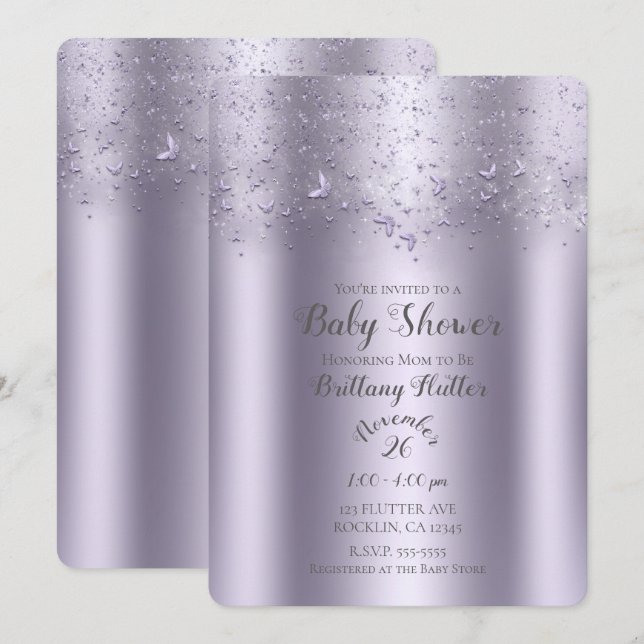 Lilac Shimmer Flutter Butterfly Baby Shower Invitation (Front/Back)