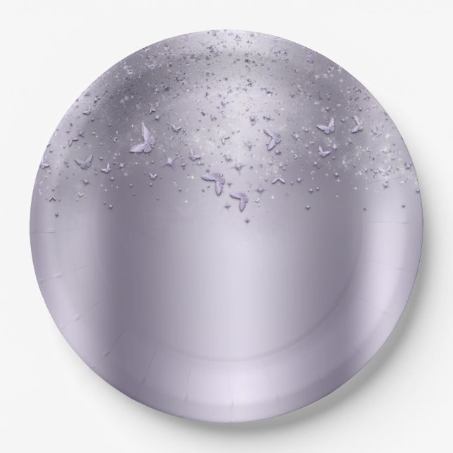 Lilac Shimmer Flutter Butterfly Sweet 16 Party Paper Plate (Front)