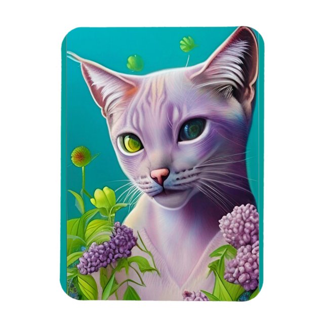Lilac Siamese cat in Lilac flowers on Teal Magnet (Vertical)
