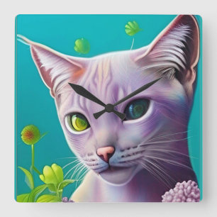 Lilac Siamese cat in Lilac flowers on Teal Square Wall Clock