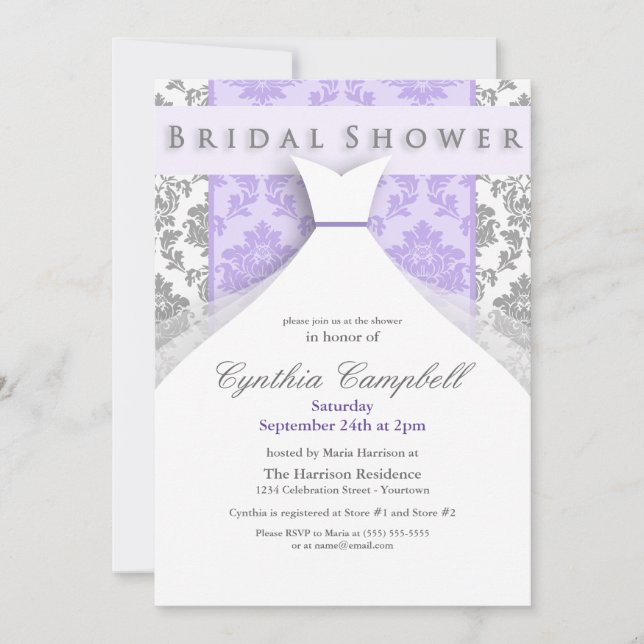 Lilac/Silver Damask Bridal Shower Invitations (Front)