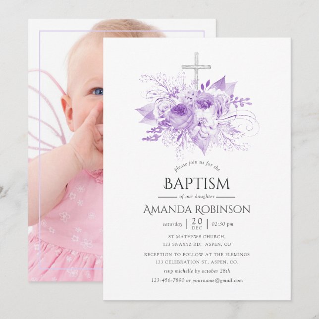 Lilac & Silver Floral Baptism or Christening Photo Invitation (Front/Back)