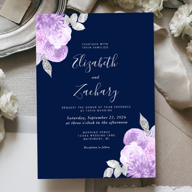 Lilac Silver Floral Navy Blue Wedding Invitation (Creator Uploaded)