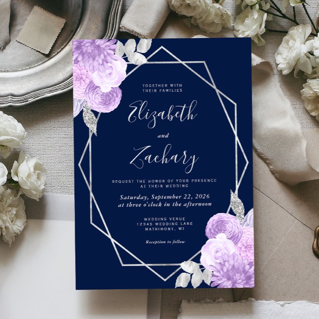 Lilac Silver Floral Navy Blue Wedding Invitation (Creator Uploaded)