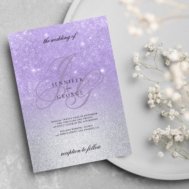Lilac silver monogram inital ombre glitter wedding invitation (Lilac silver monogram inital ombre glitter wedding )