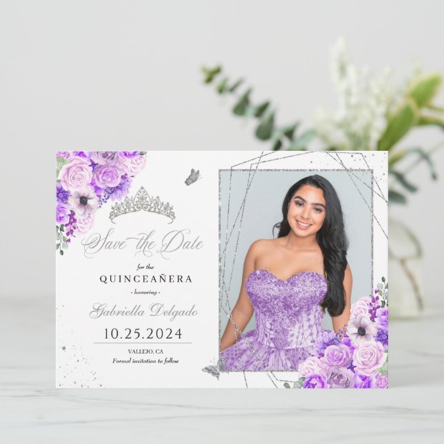 Lilac Silver Photo Card Quinceañera Save The Date (Standing Front)