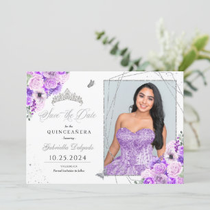 Lilac Silver Photo Card Quinceañera Save The Date