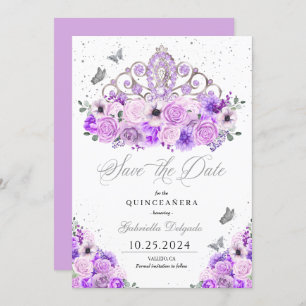Lilac & Silver Tiara Save The Date Quinceañera Invitation