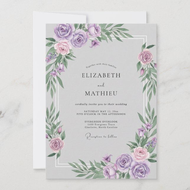Lilac Silver Watercolor Wedding Invitation (Front)