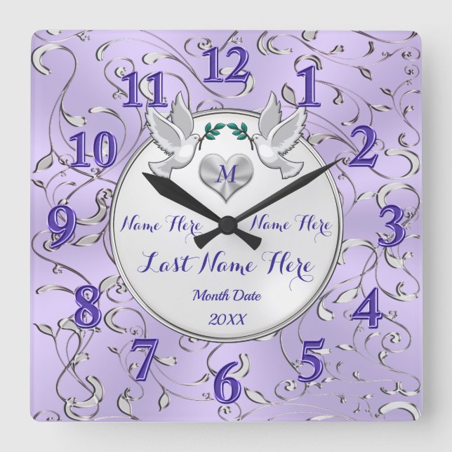 Lilac Silver White Personalised Wedding Wall Clock (Front)