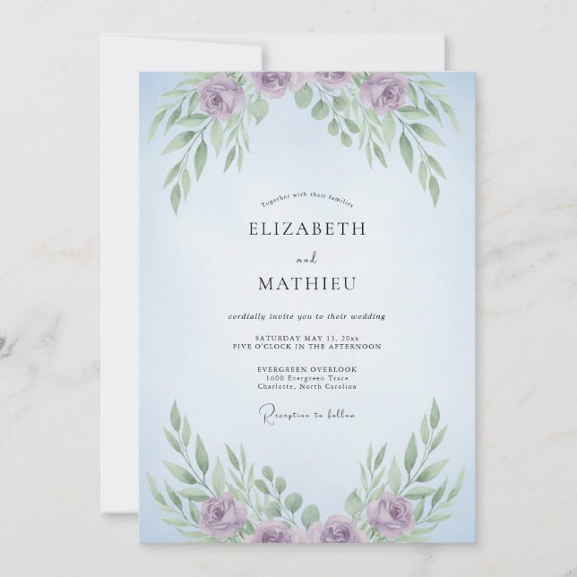 Lilac Sky Flower Eucalyptus Wedding Invitation (Front)