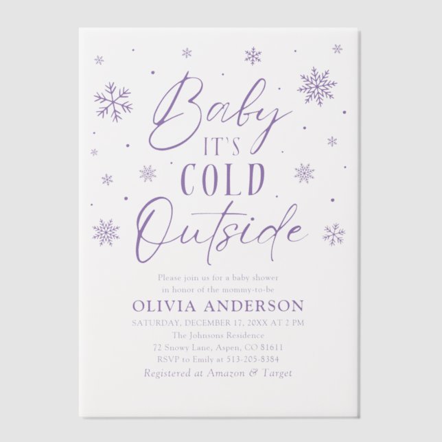 Lilac Snowflake Baby It's Cold Outside Baby Shower Vellum Invitations (Front)