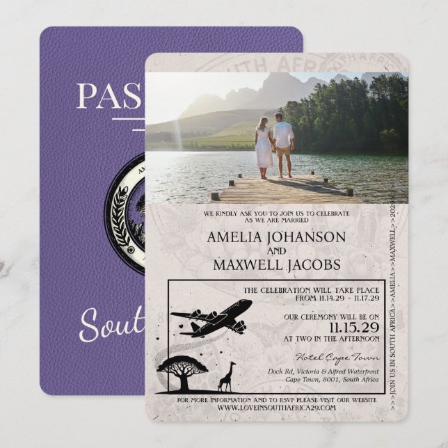 Lilac South Africa Passport Wedding Invitation (Front/Back)