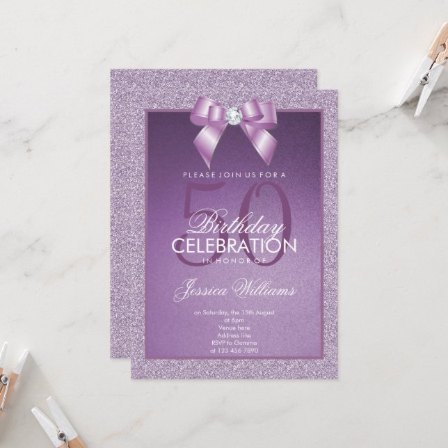 Lilac Sparkle & Stylish Gem Birthday Invitation (Front/Back In Situ)