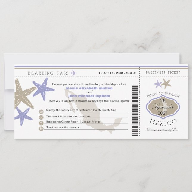 Lilac Starfish Mexico Boarding Pass Wedding Invitation (Front)