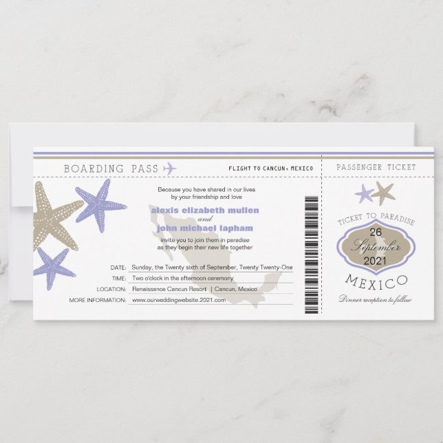 Lilac Starfish Mexico Boarding Pass Wedding Invitation (Front)