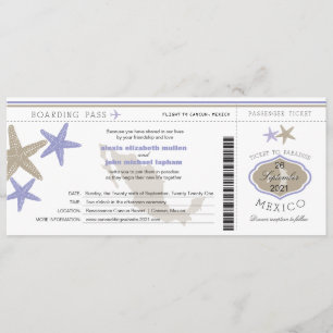 Lilac Starfish Mexico Boarding Pass Wedding Invitation