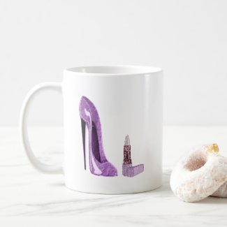 Lilac Stiletto Shoe and Lipstick Art Coffee Mug