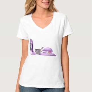 Lilac Stiletto Shoe, Hat and Teacup Art T-Shirt