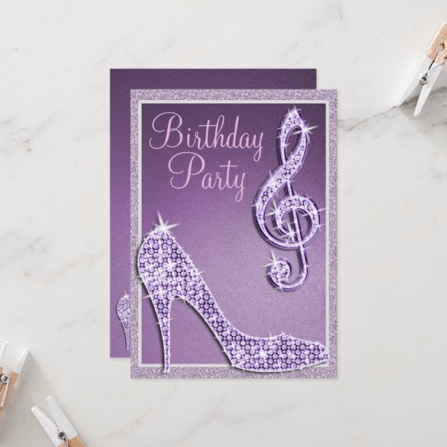 Lilac Stiletto & Treble Clef Birthday Invitation (Front/Back In Situ)