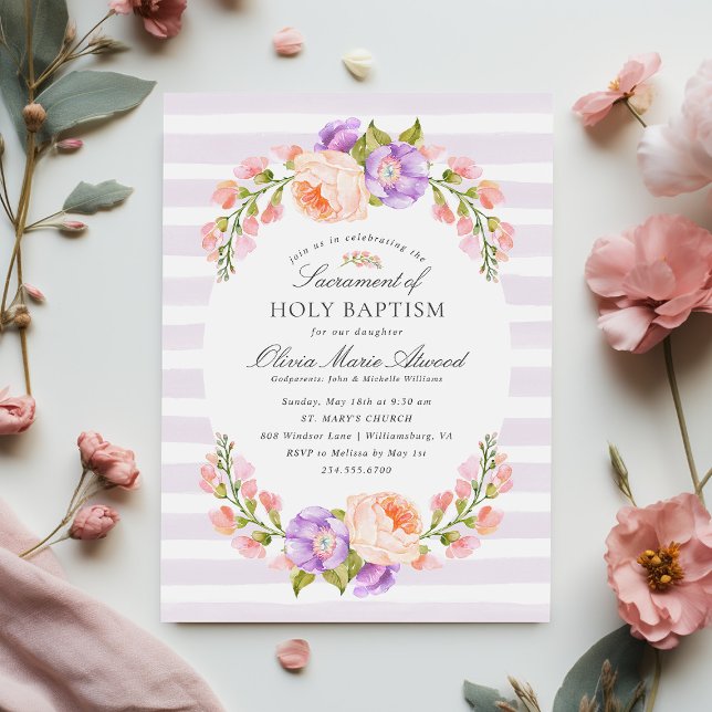 Lilac Stripe and Bloom Baby Girl Baptism Invitation (Creator Uploaded)