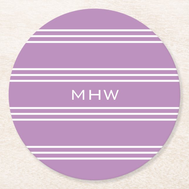 Lilac Stripes custom monogram paper coasters (Front)