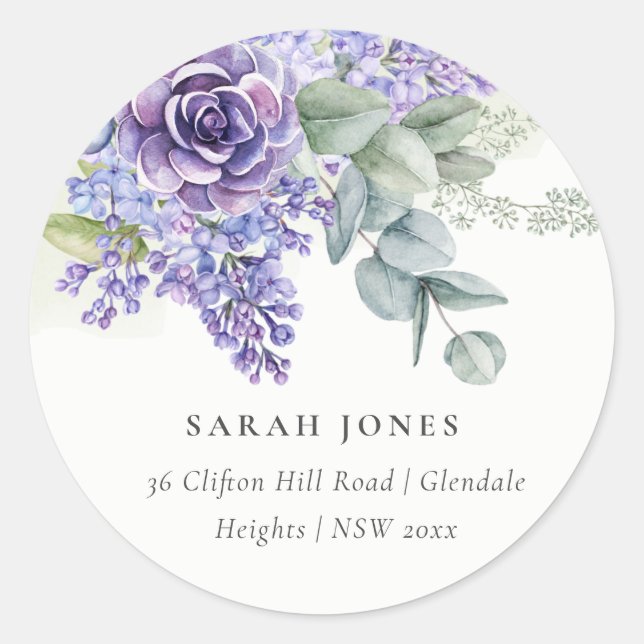 Lilac Succulent Eucalyptus Botanical Bunch Address Classic Round Sticker (Front)