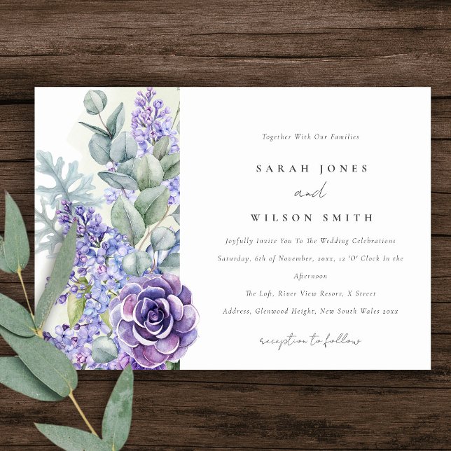 Lilac Succulent Eucalyptus Botanical Bunch Wedding Invitation (Creator Uploaded)