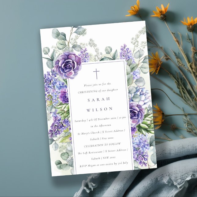Lilac Succulent Eucalyptus Botanical Christening Invitation (Creator Uploaded)