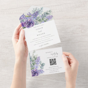 Lilac Succulent Eucalyptus Foliage Wedding QR Code All In One Invitation
