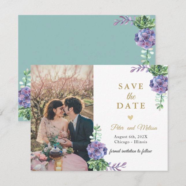 Lilac Succulents  Photo Save the Date Announcement (Front/Back)