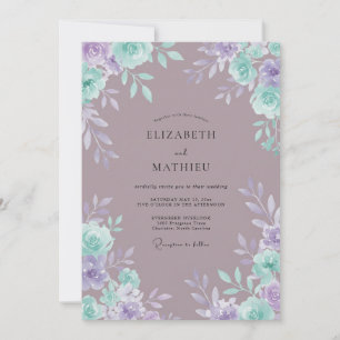 Lilac Teal Floral Romance Wedding Invitation