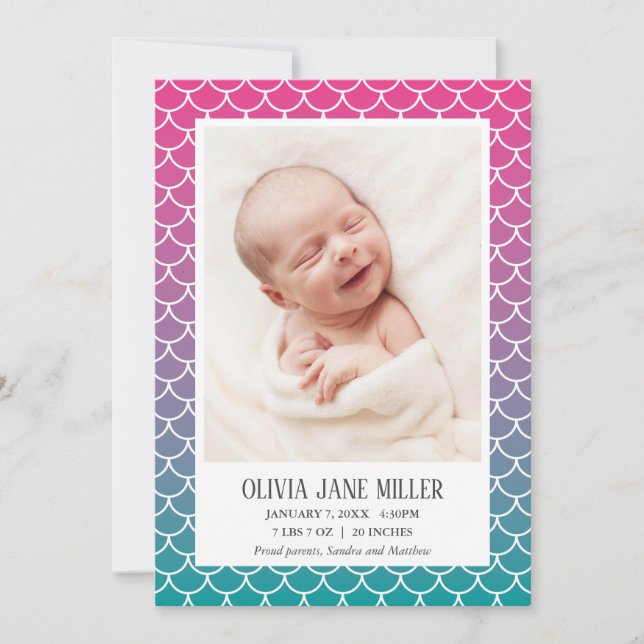 Lilac Teal Gradient Mermaid Birth Announcement (Front)