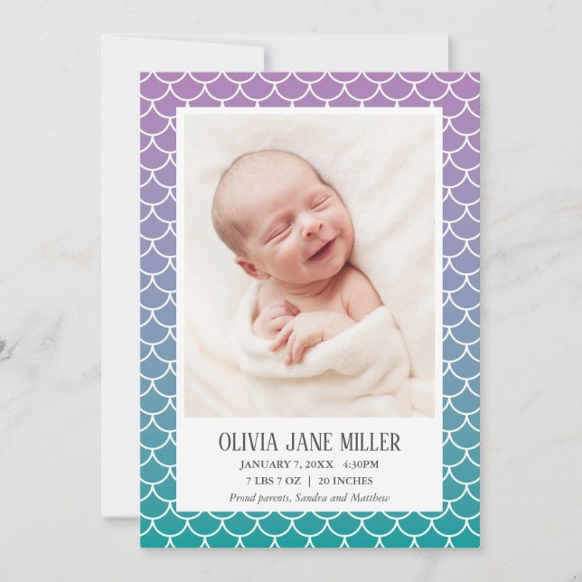 Lilac Teal Gradient Mermaid Birth Announcement (Front)