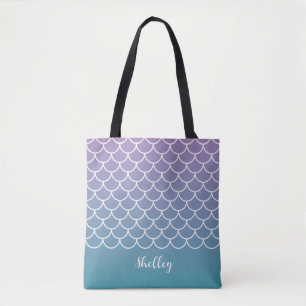 Lilac Teal Gradient Mermaid Fishscale Tote Bag
