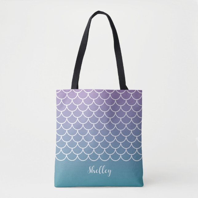 Lilac Teal Gradient Mermaid Fishscale Tote Bag (Front)