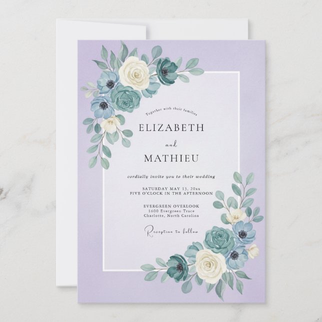 Lilac Teal Ranunculus Eucalyptus Wedding Invitation (Front)
