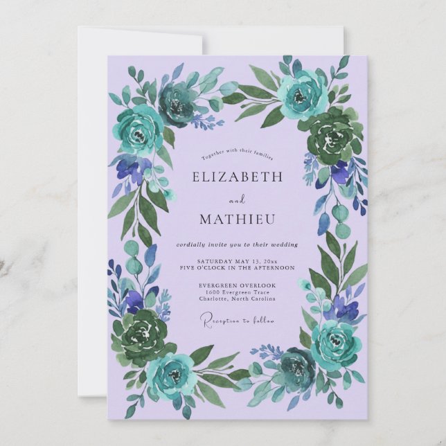 Lilac Teal Ranunculus Soft Eucalyptus Wedding Invitation (Front)