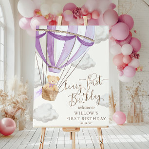 Lilac Teddy Bear Beary First Birthday Welcome Sign