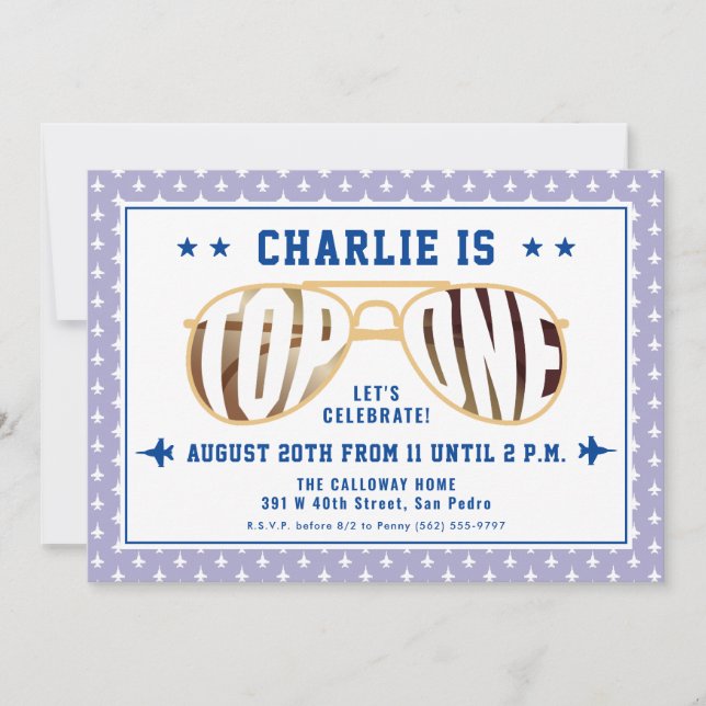 Lilac TopOne Fighter Pilot Themed First Birthday Invitation (Front)