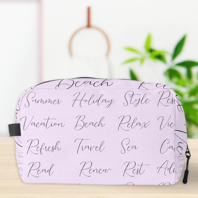 Lilac Trendy Modern Summer Holiday Vacation Words Dopp Kit (A pretty lilac toiletry bag, with summer vacation themed words pattern in elegant script typography)