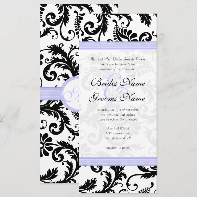Lilac Trim Black Damask Swirls Wedding Invitation (Front/Back)