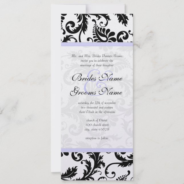 Lilac Trim Black Damask Swirls Wedding Invitation (Front)