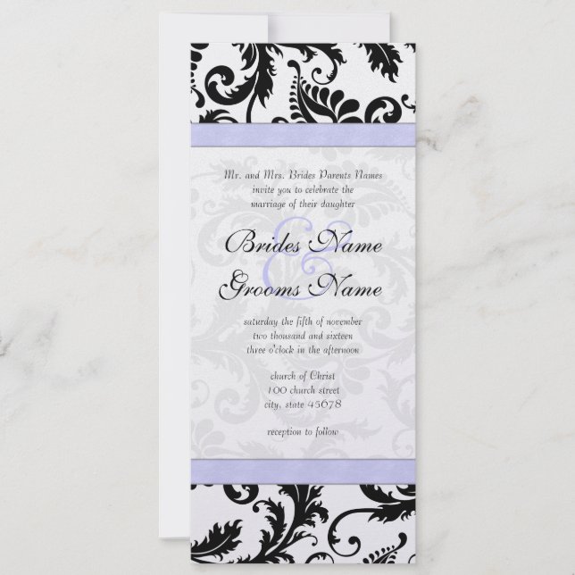 Lilac Trim Black Damask Swirls Wedding Invitation (Front)