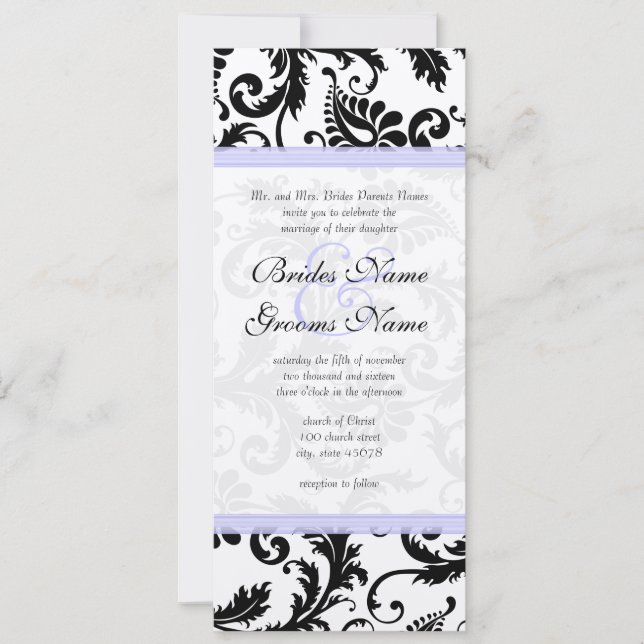 Lilac Trim Black Damask Swirls Wedding Invitation (Front)